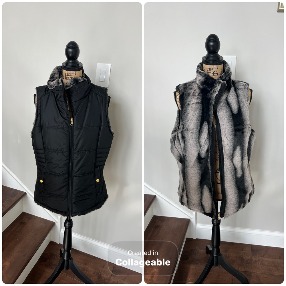 Reversible Women's Black Puffer Vest faux fur large